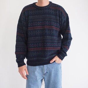 Vintage Van Heusen Navy Maroon Biggie Cosby Eclectic Knit Crewneck Sweater L
